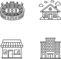 Modern building line art icons collection: stadium, house, shop, office, apartment vector set