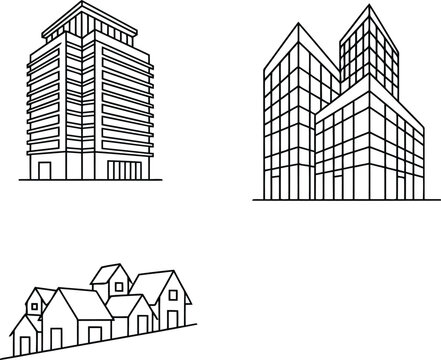 Real estate building line icons: plaza, apartment, condo architecture vector set