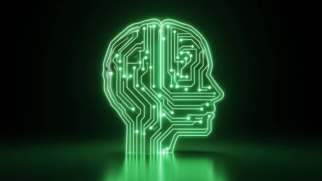 Digital brain circuitry in human head outline glows green
