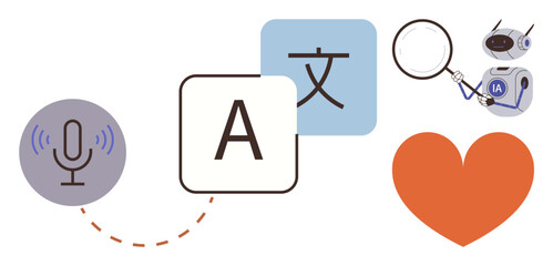 Microphone, translated letters, magnifying glass, and heart suggest AI, language translation, accessibility, communication, global connection learning and empathy. Ideal for tech education