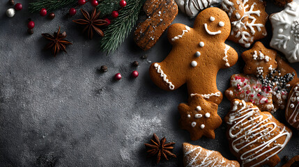 Fototapeta premium Christmas background with gingerbread cookies. Christmas greeting card with gingerbread cookies over grey background, top view. Flat lay with copy space for xmas greetings.