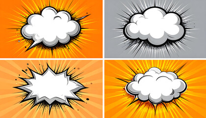 Dynamic collection of comic book style speech bubbles, thought clouds, and explosive burst effects with vibrant radial backgrounds, ideal for captivating graphic design projects