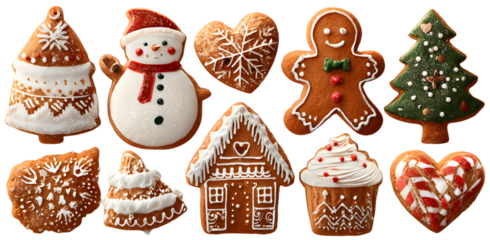 Christmas gingerbread and cookies figures isolated on a transparent background