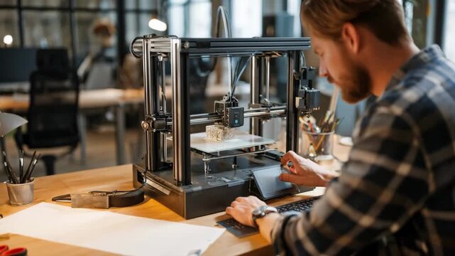 Medium shot of a designer adjusting a desktop 3D printer producing a detailed prototype model in a modern office setting.