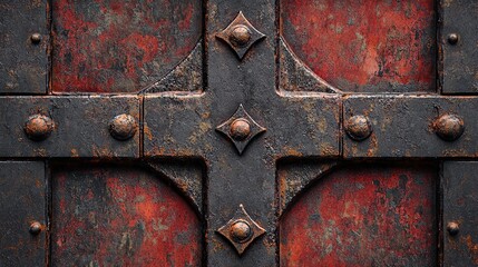 A weathered, rusted metal door with a striking red and black color scheme, featuring decorative rivets and a dark, ominous background.