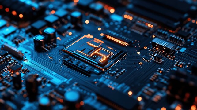 A close-up view of a complex computer motherboard with glowing components, showcasing intricate circuitry and a central processor chip illuminated with blue and orange light.