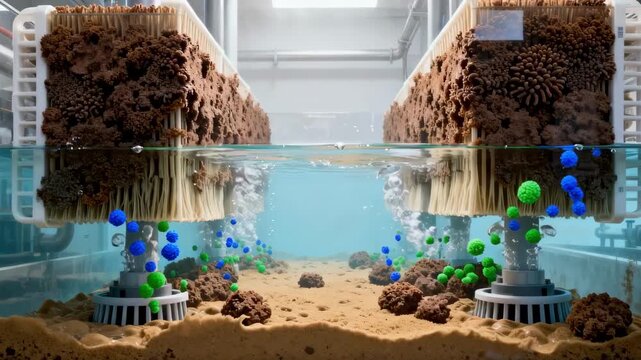 Medium shot of an Integrated FixedFilm Activated Sludge reactor highlighting biofilm growth optimizing nitrogen and phosphorus nutrient reduction.