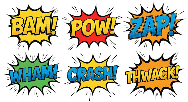 Set of Four Vibrant Comic Book Speech Bubbles: BAM!, POW!, ZOW!, and ZAP! Vector