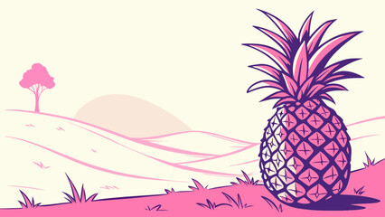Pink pineapple illustration with tropical landscape background vector art design for summer vibes and decor