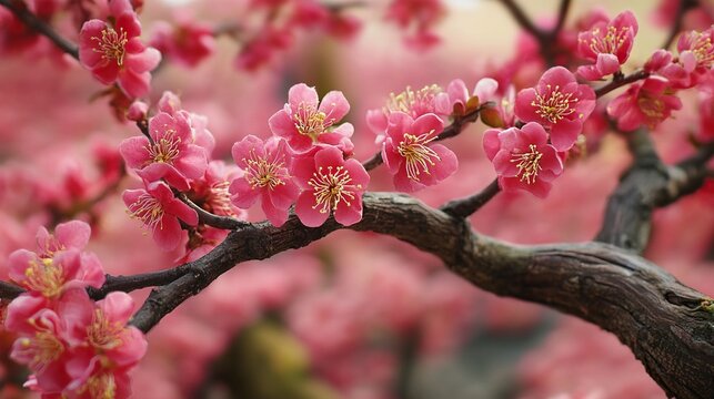 A close-up shot of a flowering branch filled with vibrant pink blossoms against a dark background, showcasing the delicate beauty of spring. - Powered by Adobe