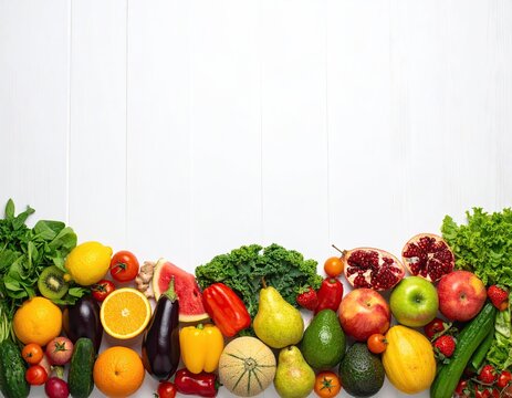 Fruits & veggies border white surface