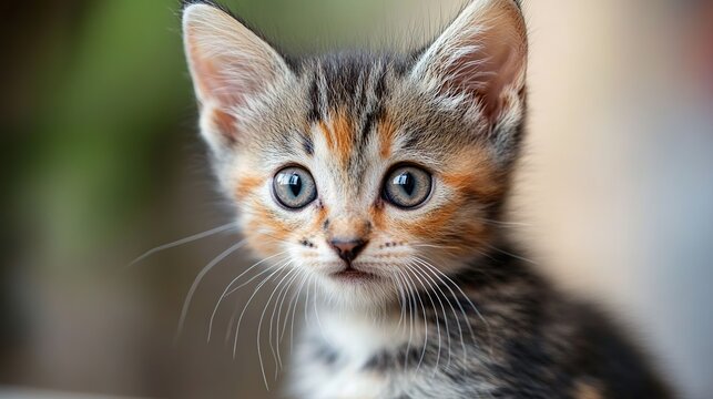 A cute kitten with a unique coat pattern stares directly at the camera with curious eyes.