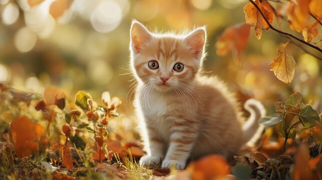 A cute ginger kitten sits amongst fallen autumn leaves in a sun-drenched outdoor setting, creating a warm and inviting image. - Powered by Adobe
