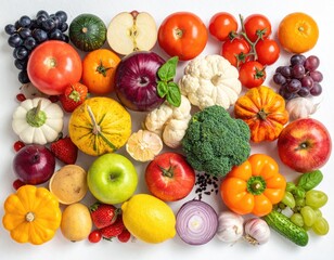 Fresh fruits and vegetables in a colorful flat lay