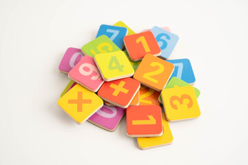 Number wood block cubes for learning Mathematic, education math concept.