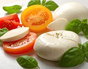Fresh mozzarella, tomato slices, and basil leaves close-up