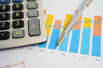 Calculator on chart graph paper. Finance, account, statistic, investment data economy, stock exchange business.