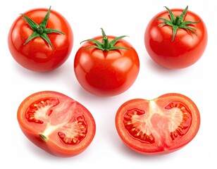 Ripe tomatoes, whole and halved, on a white background