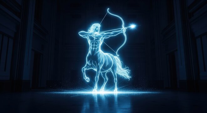 Glowing blue neon sagittarius constellation centaur archer in dark futuristic environment - Powered by Adobe