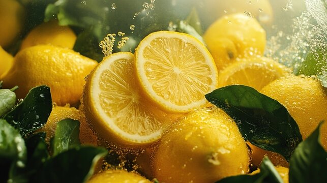 A vibrant collection of fresh lemons and lemon leaves are splashing with water, creating a refreshing and juicy atmosphere. - Powered by Adobe