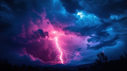 A dramatic night sky showcases a powerful lightning storm with vibrant pink and blue hues, illuminating the dark clouds and distant mountains.