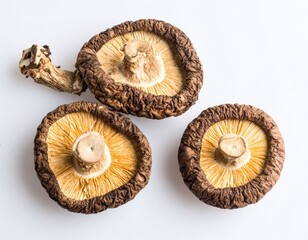 Dried shiitake mushrooms, gills up, on white