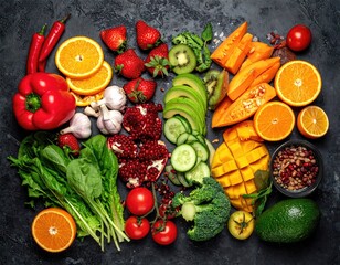 Array of colorful fruits and vegetables on dark surface