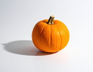 Orange pumpkin with a stem casts a shadow on white