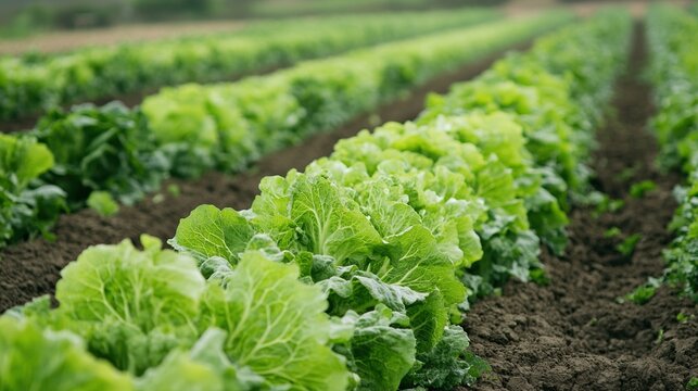 Rows of vibrant green lettuce grow in a neatly organized agricultural field, showcasing healthy crops and fertile soil.