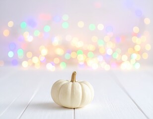 White pumpkin, bokeh lights backdrop. Soft, delicate fall