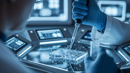 Close-up of researcher pipetting DNA sample into glass tray, futuristic lab instruments reflecting cold light