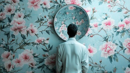 A man stands before a large, ornate mirror surrounded by a floral wallpaper, creating a surreal and contemplative atmosphere.
