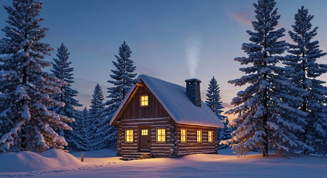 Enchanting wooden cabin nestled in a tranquil snowy forest at twilight, warm lights emanating from its windows and a wisp of smoke rising from the chimney, a peaceful winter retreat