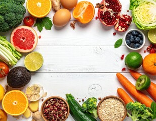 Fruits & veggies border white wood. Copy space center