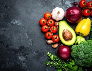 Colorful produce border on textured dark slate