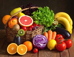 Fruit and vegetables fill a woven basket, piled high