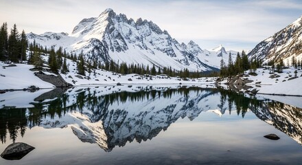 Breathtaking panoramic view of majestic snow-capped mountain peaks dramatically reflected in the tranquil surface of a pristine alpine lake, surrounded by a serene coniferous forest under a clear sky