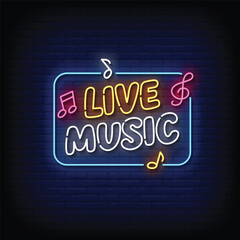 live music neon signboard with brick wall background vector