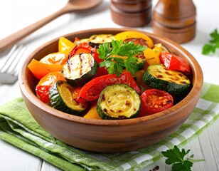 Bowl of grilled colorful vegetables on white wood