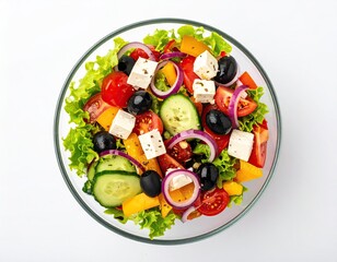 Colorful Greek salad in glass bowl, overhead view