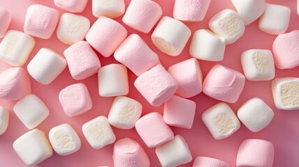A vibrant assortment of marshmallows covers a pink background, creating a playful and sweet texture.