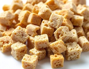 Pile of bite-sized, cubed, porous, golden snacks