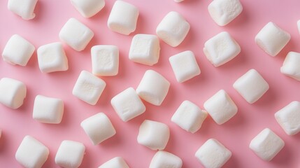 A close-up shot of marshmallows scattered across a pink surface, creating a playful and textured pattern.