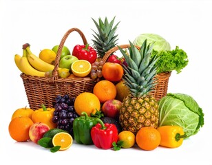 Basket of vibrant fruits, peppers, and cabbages