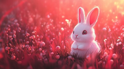 A cute white rabbit sits in a vibrant red flower field, bathed in a warm, glowing light.