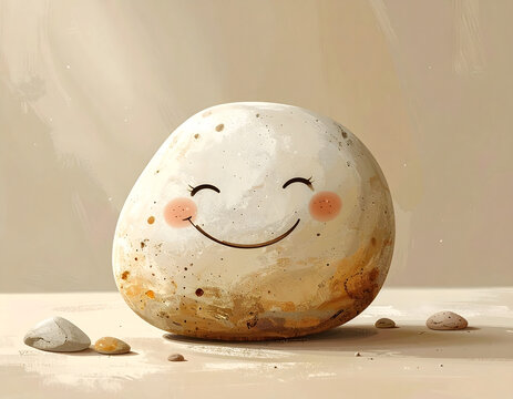 A happy, smiling pebble with rosy cheeks sits on a sandy beach, surrounded by smaller stones