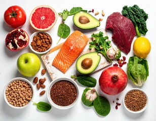 Fresh food variety for healthy eating on white backdrop