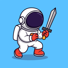 Astronaut Learning How To Use a Sword Illustration. Astronaut Vector Icon