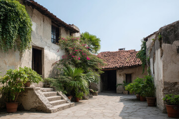 Fototapeta premium summer courtyard with seamless ar reconstruction of house from years ago featuring lush greenery and