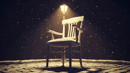 3D “left out in the cold” visualized by an old chair covered in frost under streetlamp glow